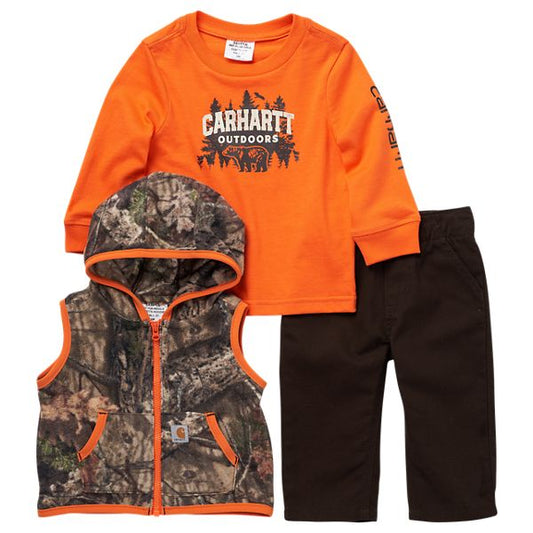 Carhartt Knit Outdoors Graphic Long-Sleeve T-Shirt, Fleece Hooded Vest, and Canvas Work Pants Set for Babies