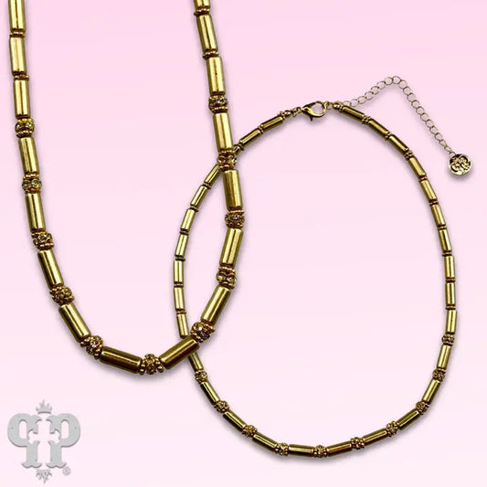 Gold Tube Bead and Rhinestone Necklace