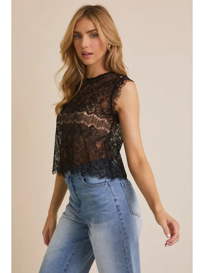 Round Neck Sleeveless Scallop Hem Lace Top