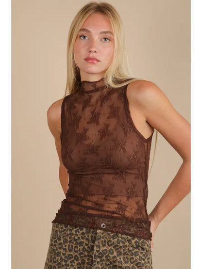 High Neck Sheer Mesh Lace Fitted Knit Top