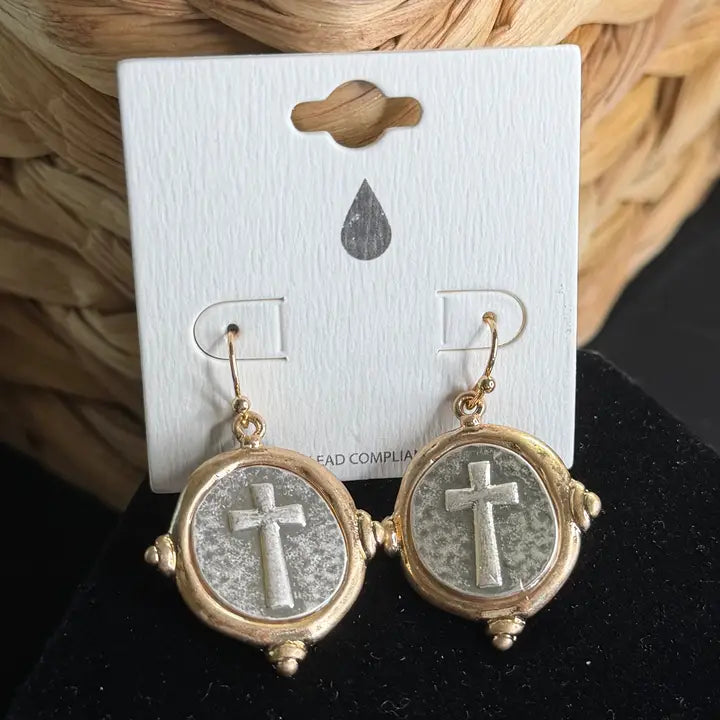 Ruby River Wholesale, LLC - 2 Tone Circle Cross Earrings