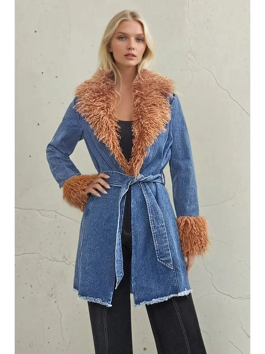 WISTERIA LANE - Faux Fur Denim Coat - Denim/Tan
