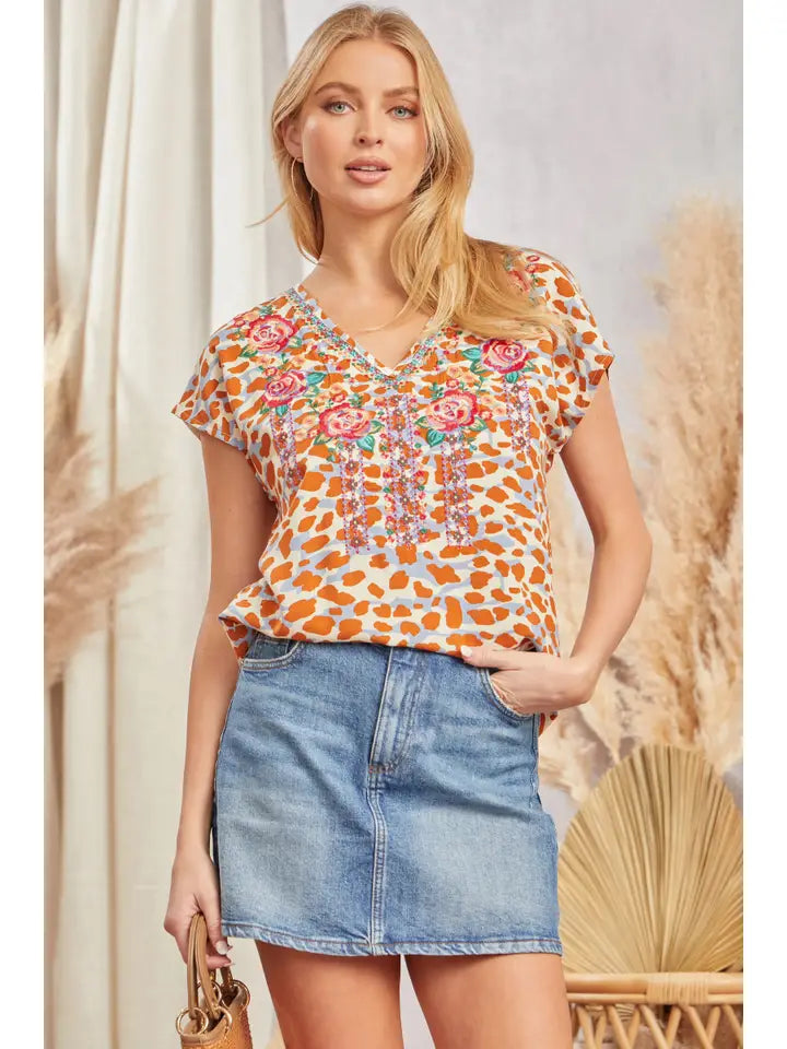 V Neck Short Sleeve Embroidered Top