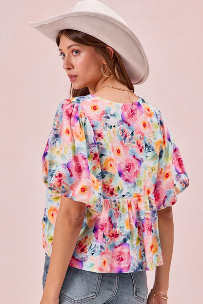 Floral Printed Balloon Sleeves Front Tied Top