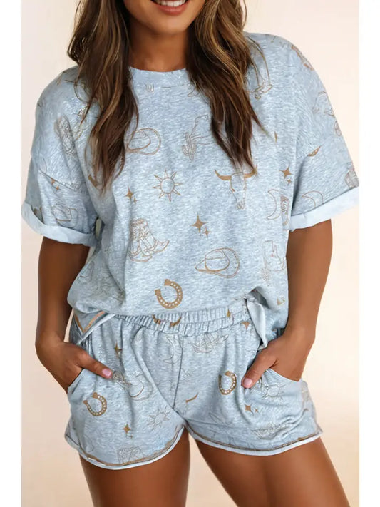 Western Fashion Printed T Shirt Elastic Waist Shorts Set