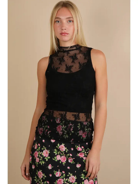 High Neck Sheer Mesh Lace Fitted Knit Top