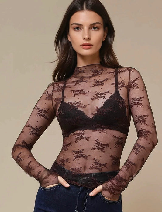 Lux Layering Floral Lace See Through Mesh Top Borwn