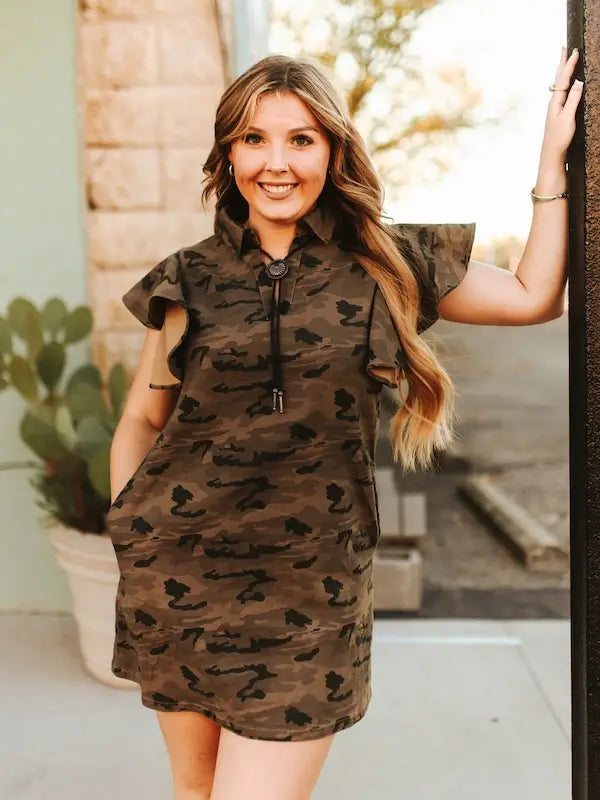 Lucky & Blessed - Camo Ruffle Short Sleeve Stretch Denim Dress