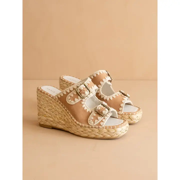 The Rae | Camel Embroidered Espadrille Wedges Double Buckle