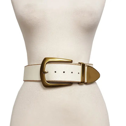 Wide Width Off-White Leather Belt with Statement Buckle Set