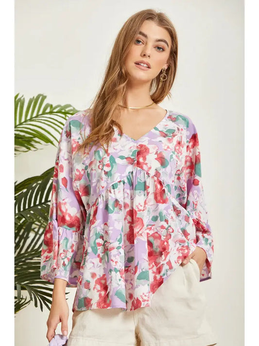 Floral Print Babydoll Top Featuring Bell Sleeves