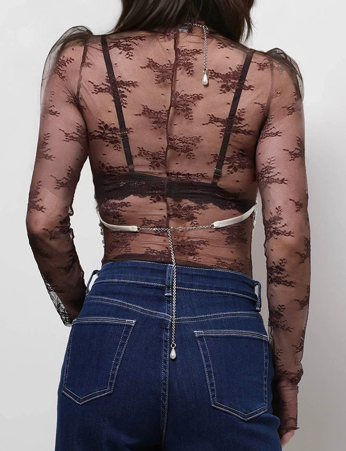 Lux Layering Floral Lace See Through Mesh Top Borwn