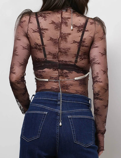 Lux Layering Floral Lace See Through Mesh Top Borwn