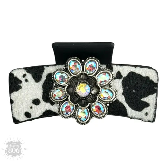 Pink Panache - Western Cow Print Concho Hair Clip - Silver