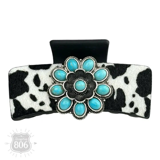 Pink Panache - Western Cow Print Concho Hair Clip - Turquoise