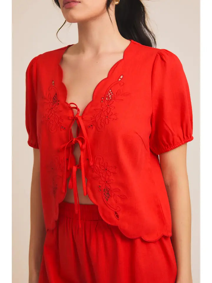 Eyelet Embroiderd Front Ties Top and Scallop Shorts