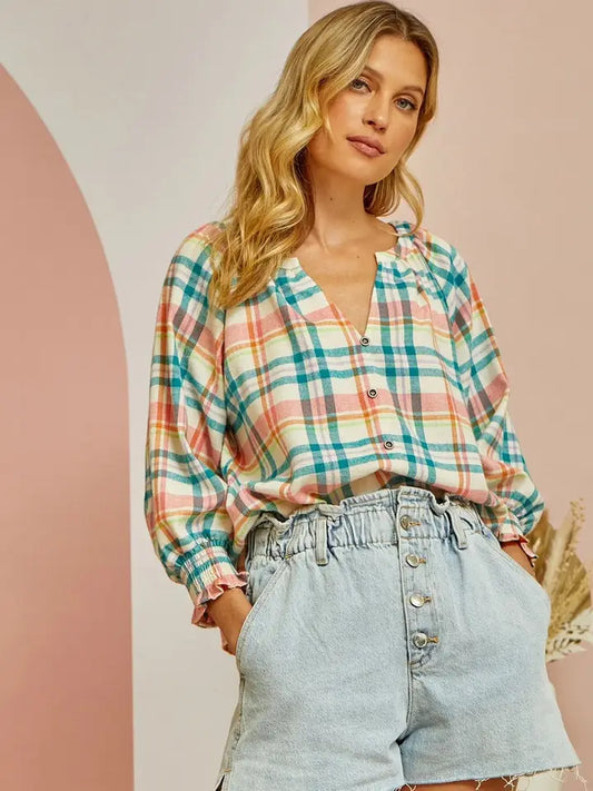 Plaid Top with 3/4 Sleeves