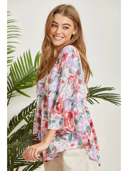 Floral Print Babydoll Top Featuring Bell Sleeves