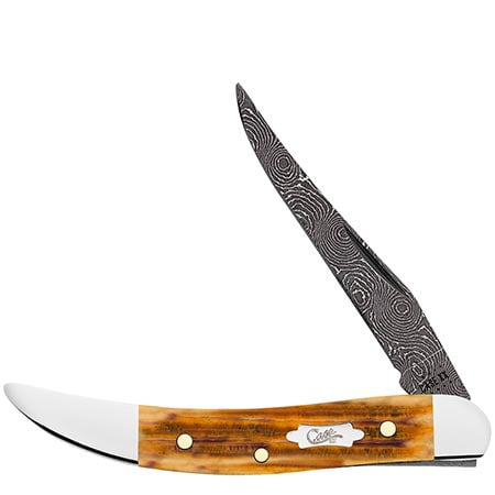 Case Xx Knives Texas Toothpick Jigged Burnt Goldenrod Bone 52424 Damascus Pocket Knife