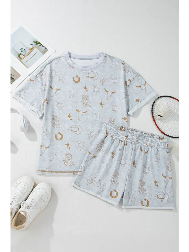 Western Fashion Printed T Shirt Elastic Waist Shorts Set