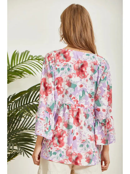 Floral Print Babydoll Top Featuring Bell Sleeves