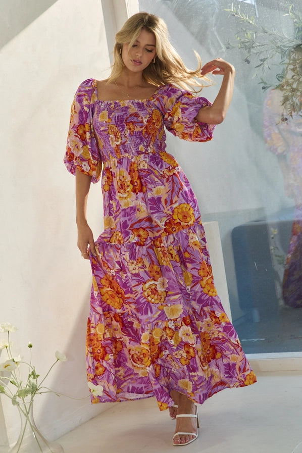 Printed Maxi Dress with Short Bubble Sleeve - DAHLIA GARDEN / L Printed Maxi Dress with Short Bubble Sleeve - DAHLIA GARDEN / L