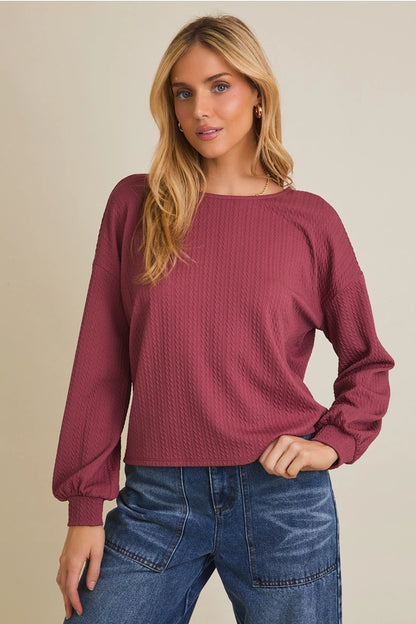 GILLI - Long Sleeve Back Ruching Cable Top