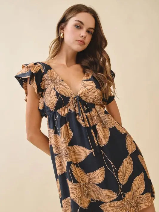 TCEC - Floral Print Plunging V Neck Empire Waist Dress