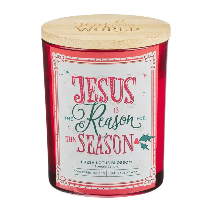 Christian Art Gifts - Glass Candle with Bamboo Lid - Jesus Is the Reason