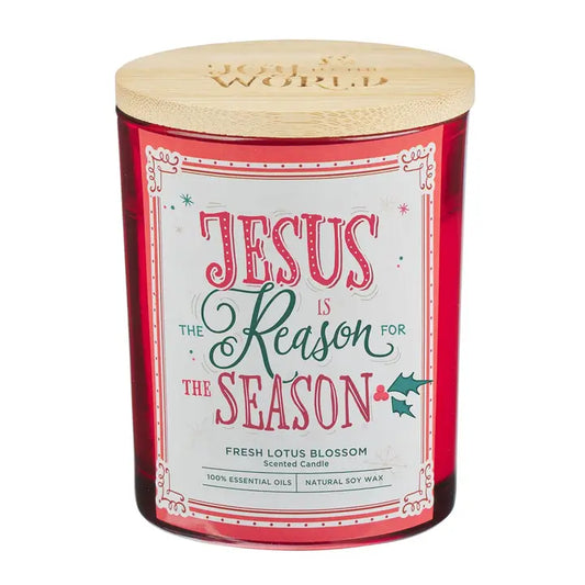 Christian Art Gifts - Glass Candle with Bamboo Lid - Jesus Is the Reason