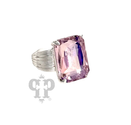 Iridescent pink rectangle rhinestone silver ring