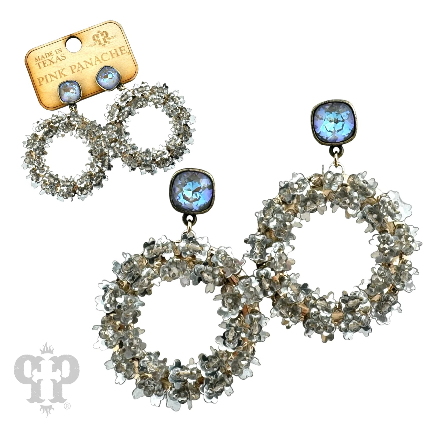 Flower and seed bead wrapped circle earrings, Austrian crystal Gray