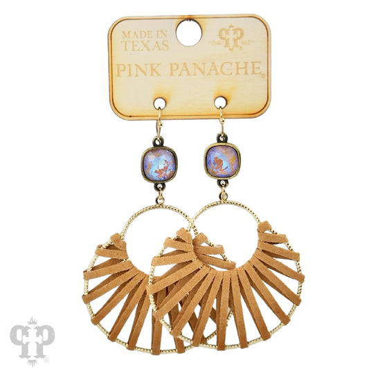 Brown suede circle and Austrian crystal dangle earring