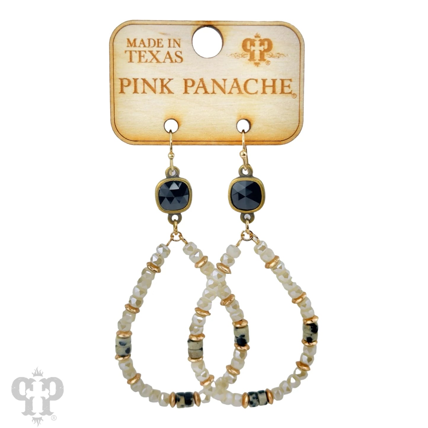 Cream color bead teardrop and Austrian crystal dangle earring Black