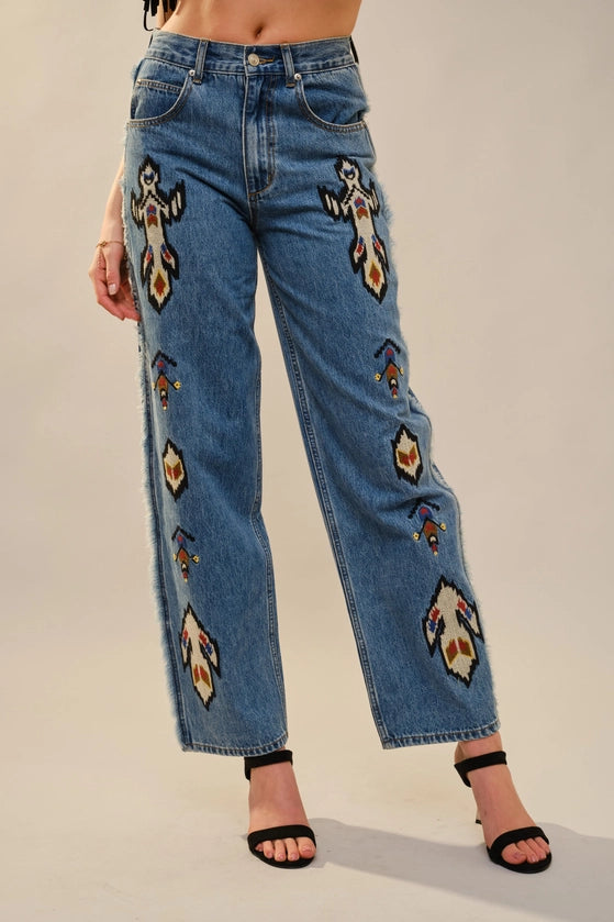 Blue B - Tribal Embroidered Fringe Jeans