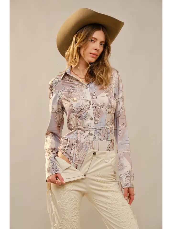 Blue B - Western Motif Printed Bodysuit