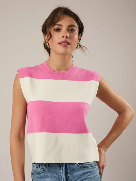 Sunday Edition - Round Neck Sleeveless Stripe Sweater Top