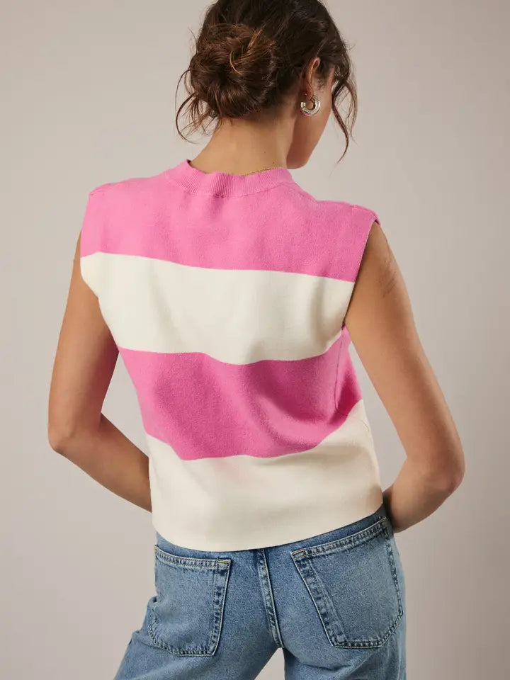 Sunday Edition - Round Neck Sleeveless Stripe Sweater Top