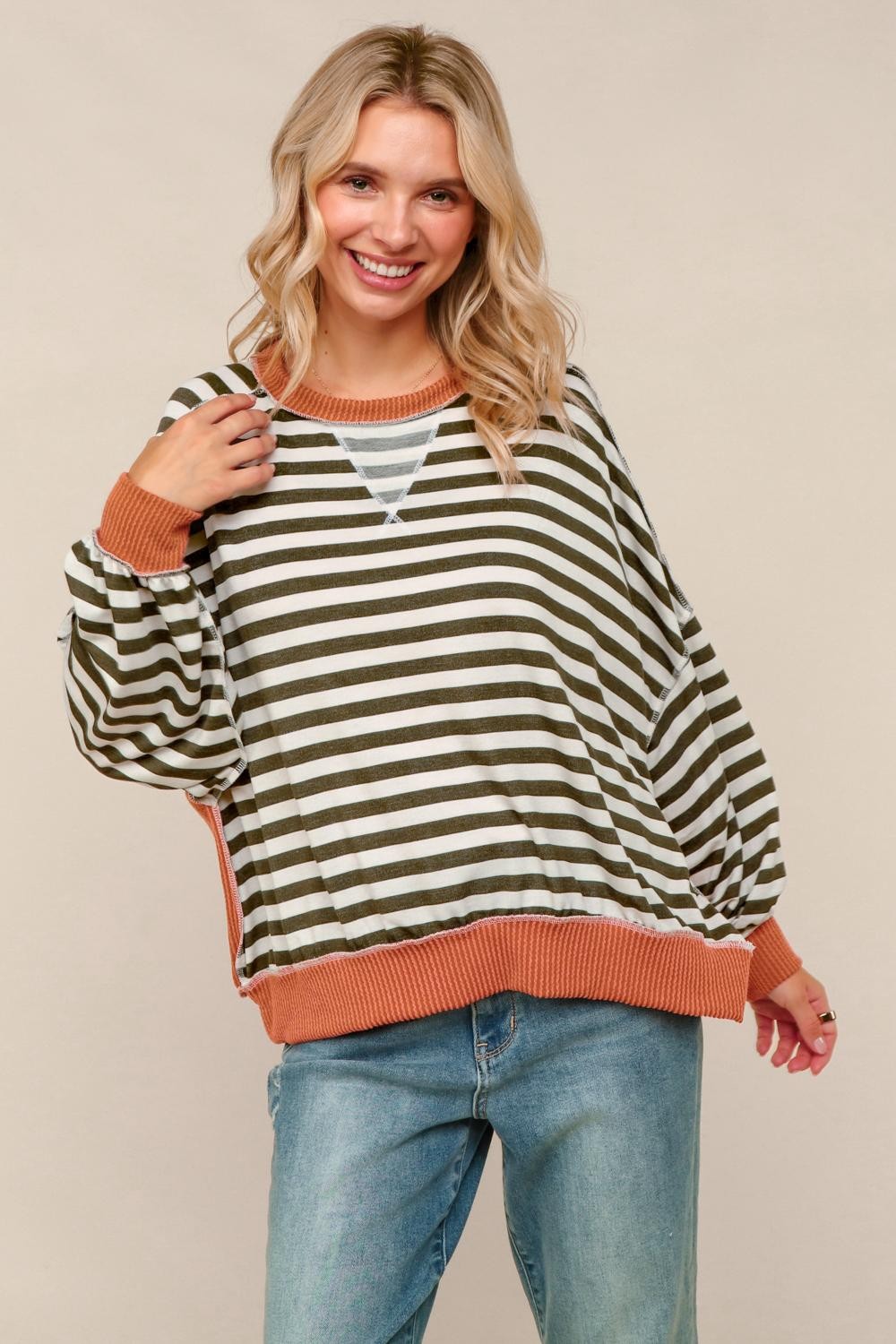 Haptics - Crew Neck Loose Fit Stripe Pullover Knit Top