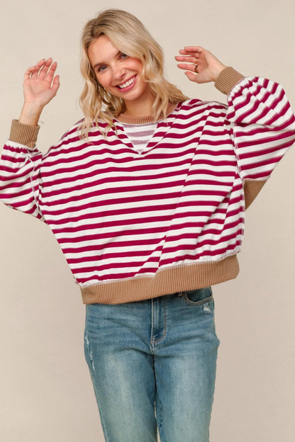 Haptics - Crew Neck Loose Fit Stripe Pullover Knit Top
