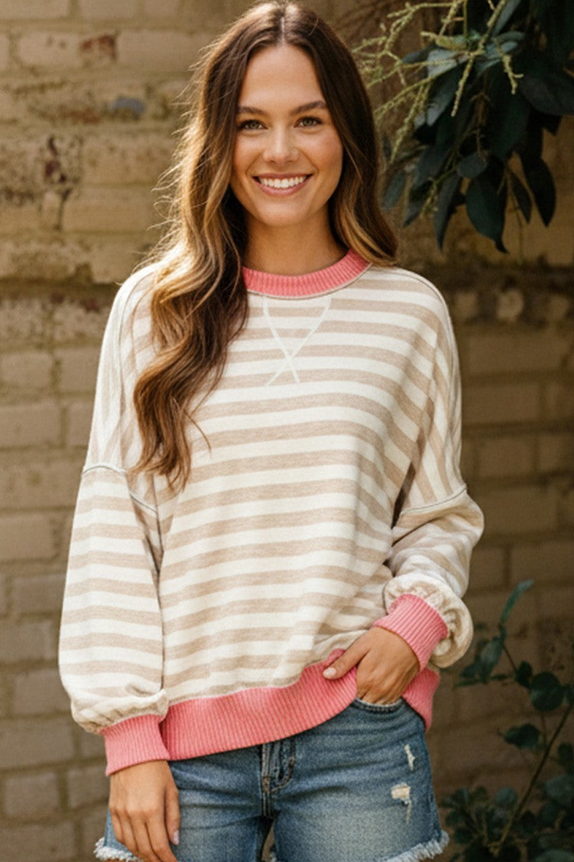Haptics - Crew Neck Loose Fit Stripe Pullover Knit Top
