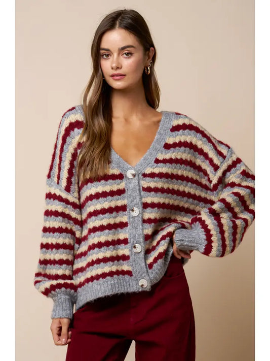 Lalavon - Stripe V-Neck Button Cardigan