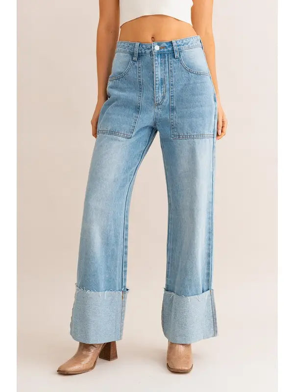 Le Lis - High Waisted Wide Leg Cuffed Jeans