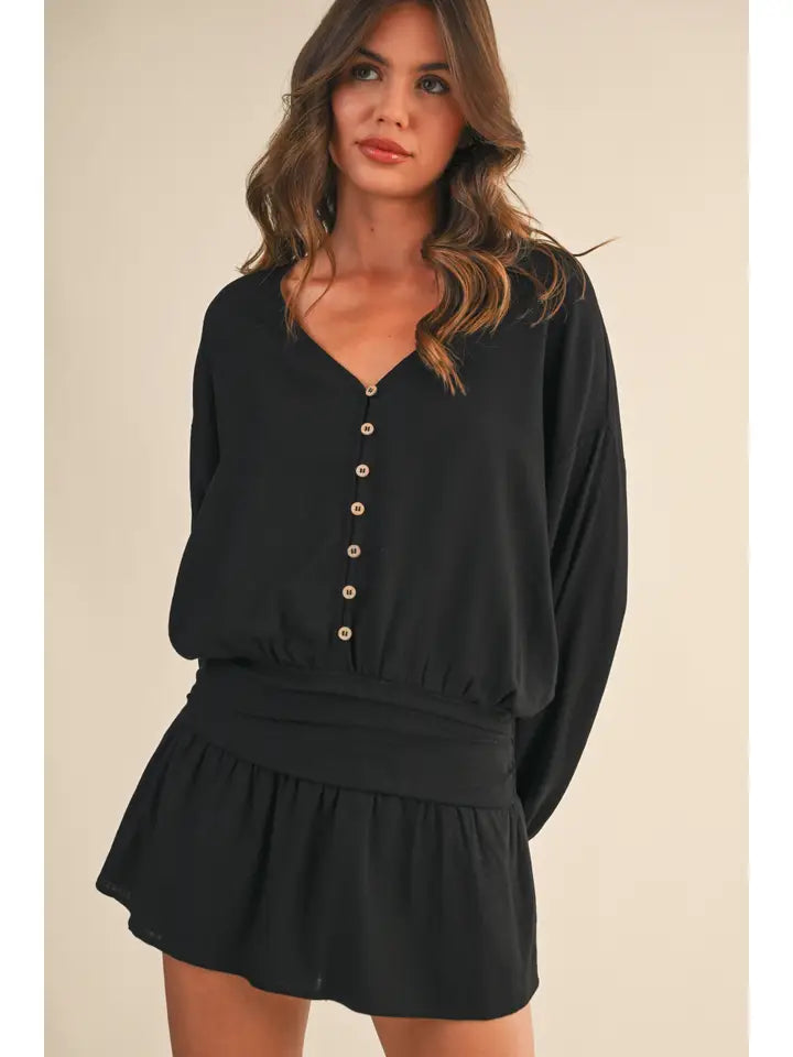 Klesis - Linen Longsleeve Button and Smocked Waist Romper