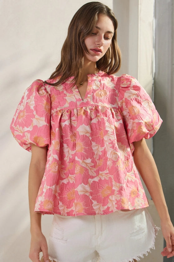 Oddi - Floral Satin Weave Jacquard Babydoll Top