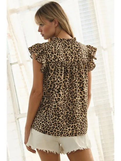 ODDI - Plus Leopard Printed Ruffle Sleeve Top