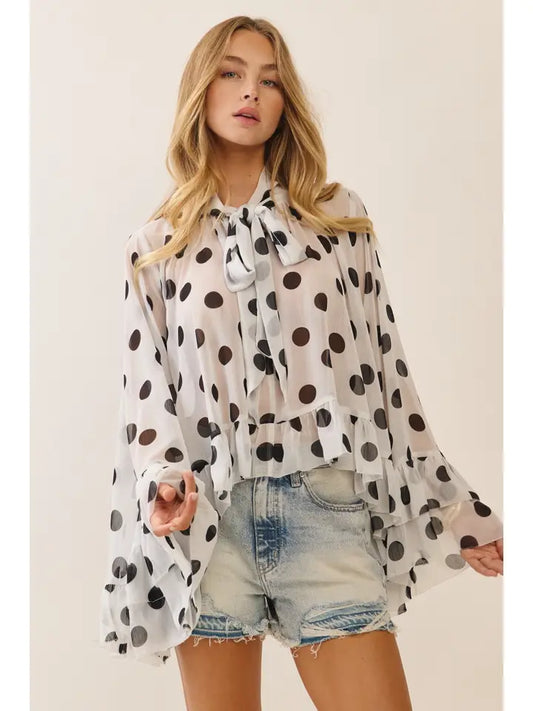 Oddi - Polka Dot Sheer Chiffon Ruffle Blouse