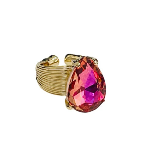 Iridescent pink teardrop rhinestone gold ring Fuchsia