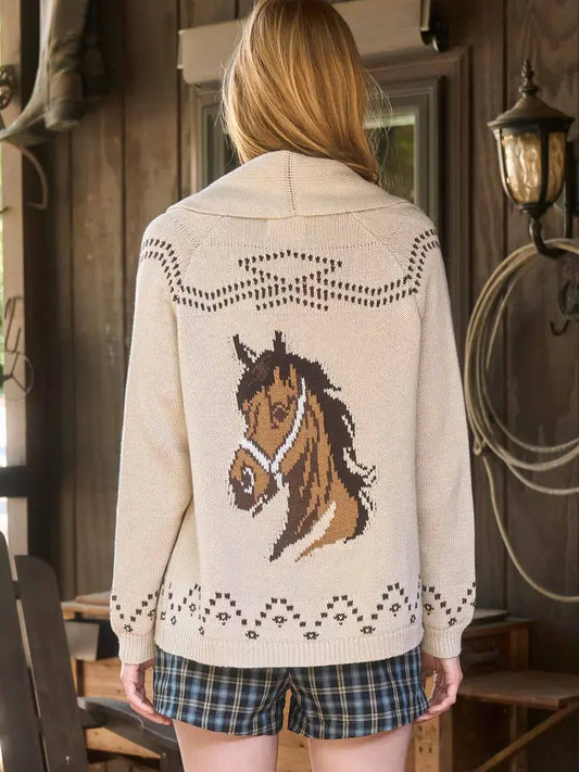 Blu Pepper - Horse Jacquard Shawl Knit Cardigan