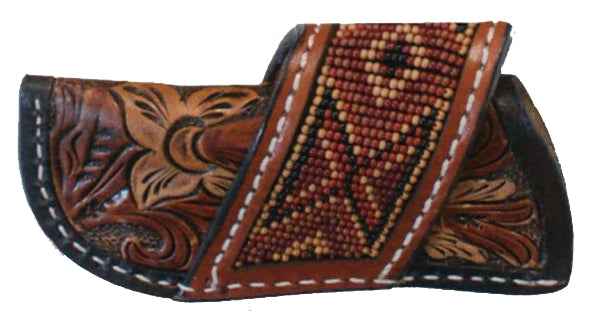 KNIFE SHEATH 4" LTHR EARTHTONE BEADED FLORAL